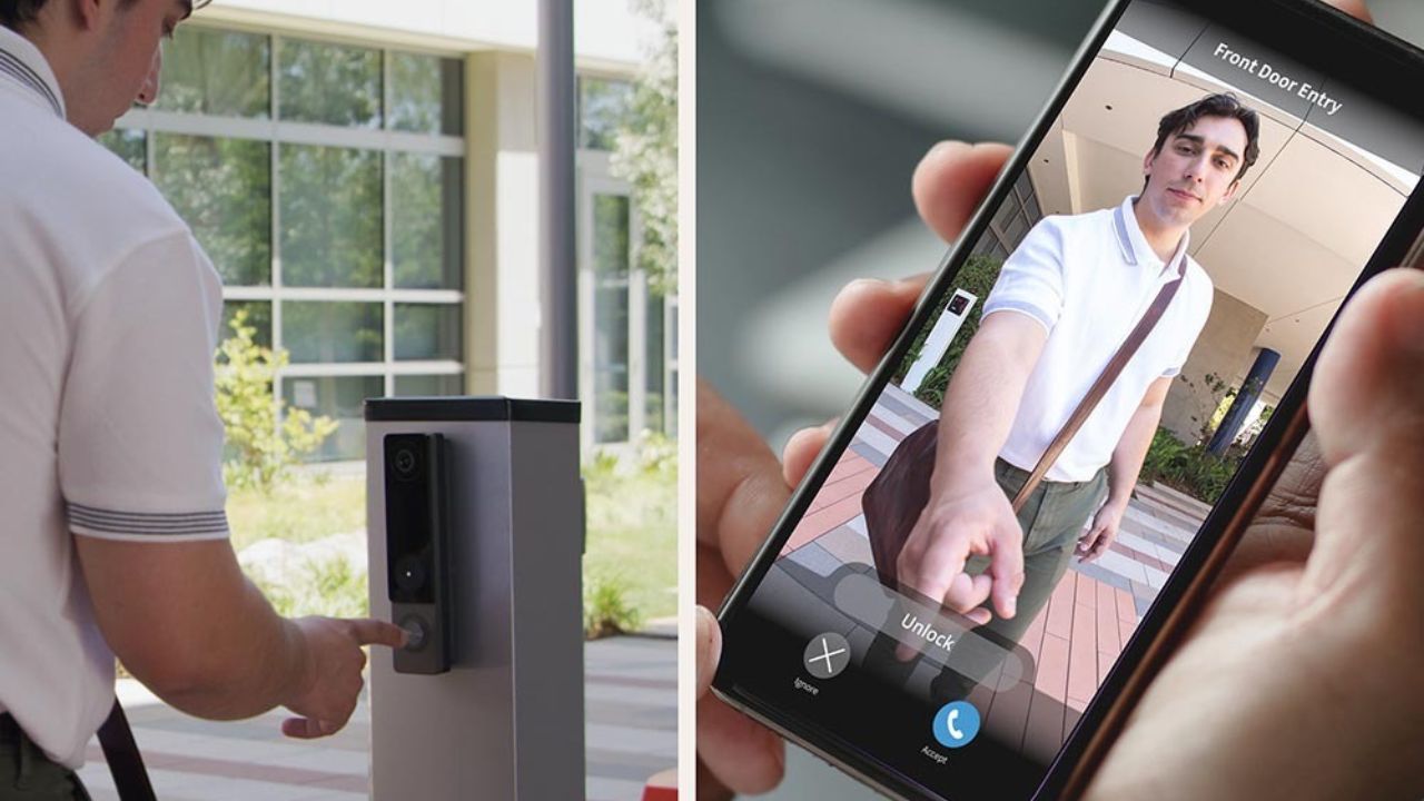 Man using access control system to allow a visitor front door entry